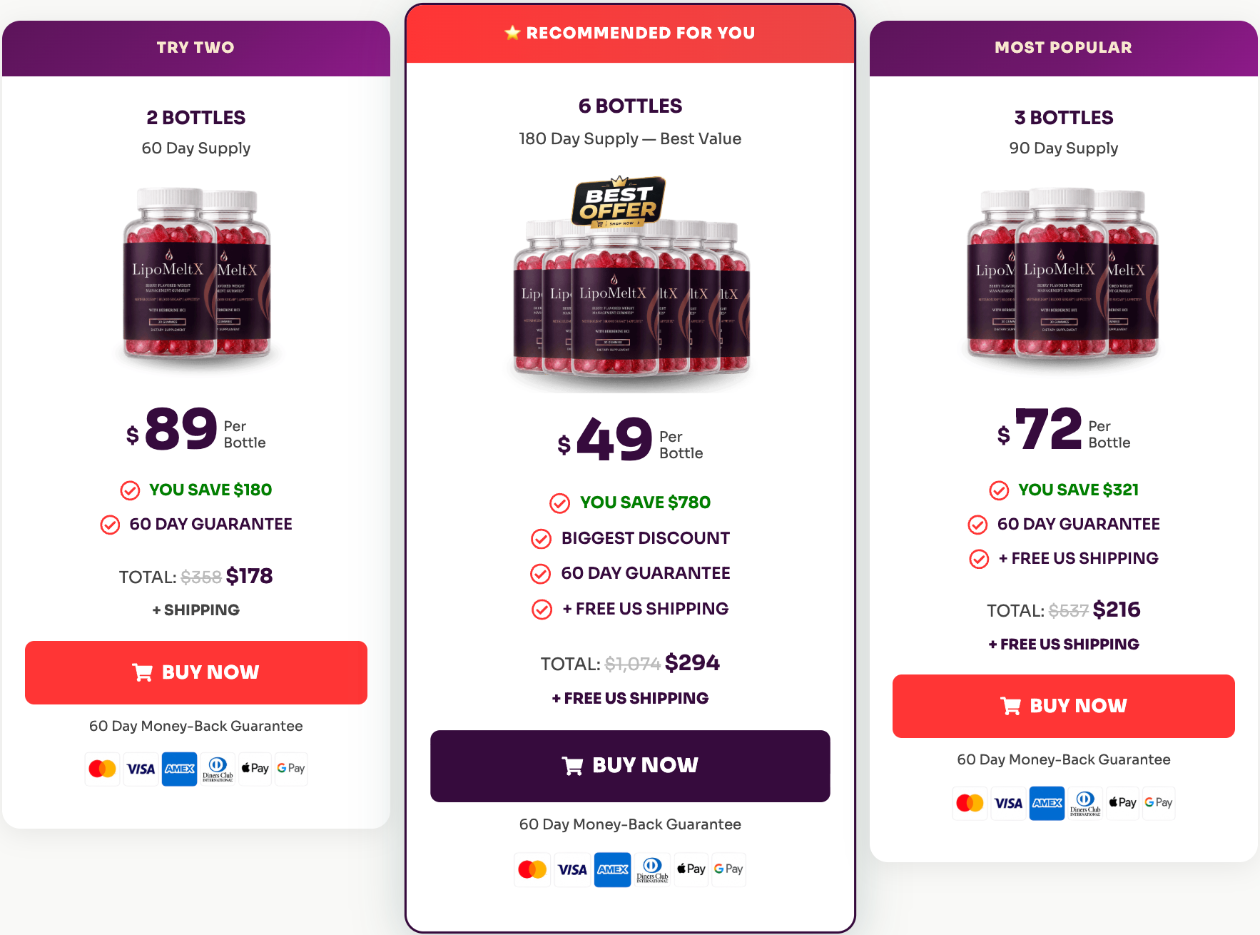 LipoMeltX pricing options — 2, 3 and 6 bottle packages